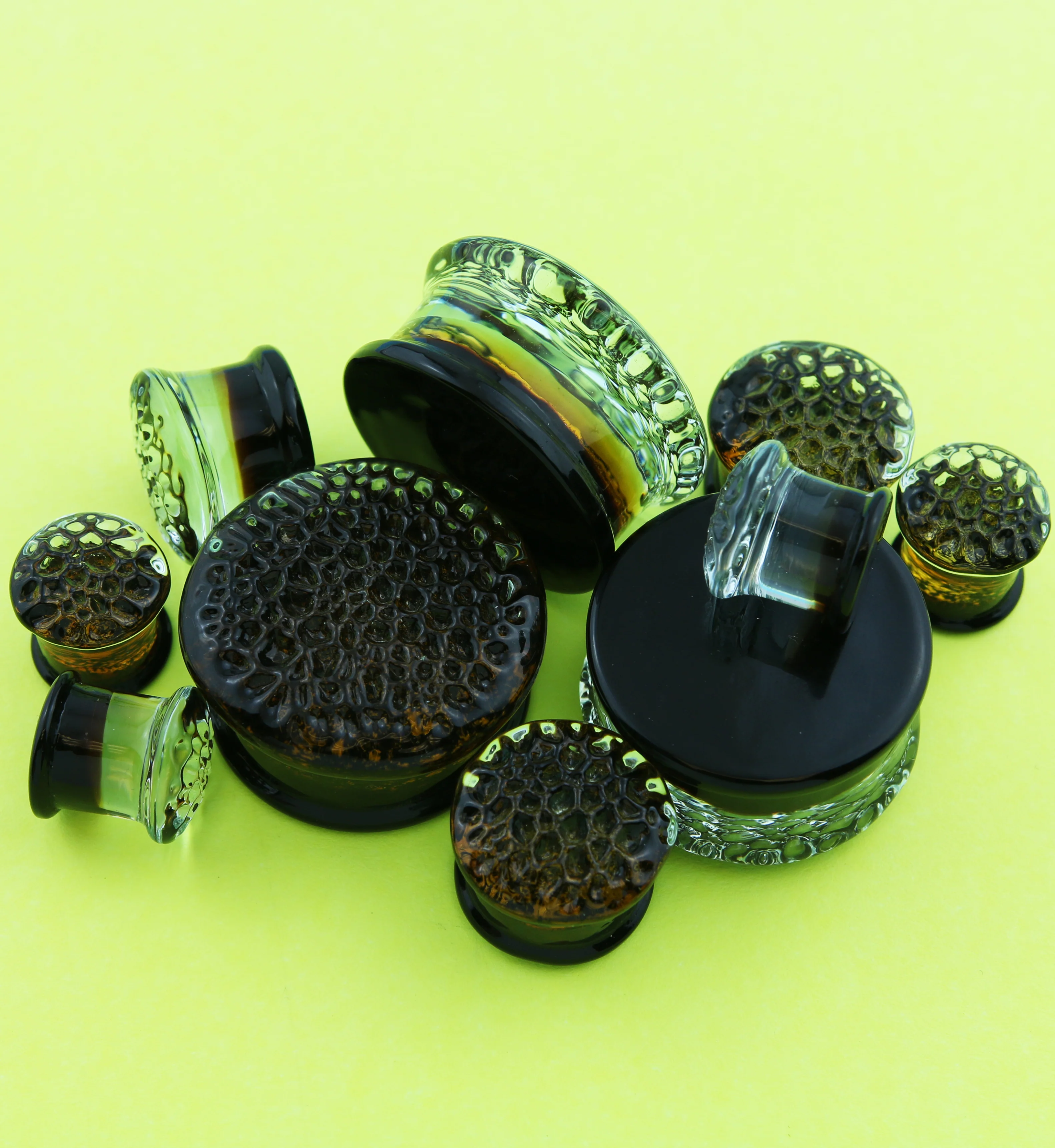 Amber Hammered Glass Double Flare Plugs - Mrs Treak