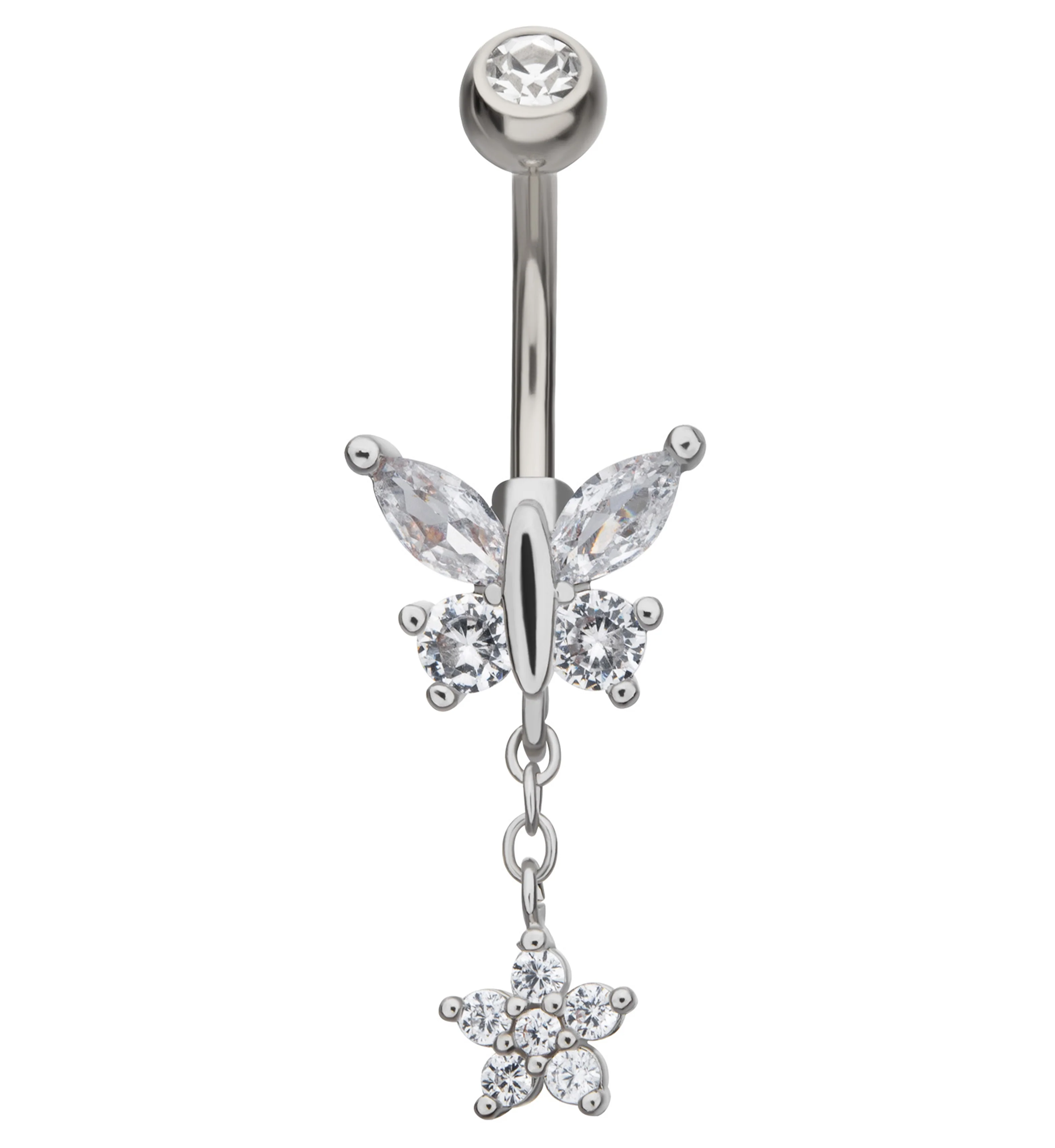 Flower Butterfly Clear CZ Dangle Stainless Steel Belly Button Ring - Mrs Treak