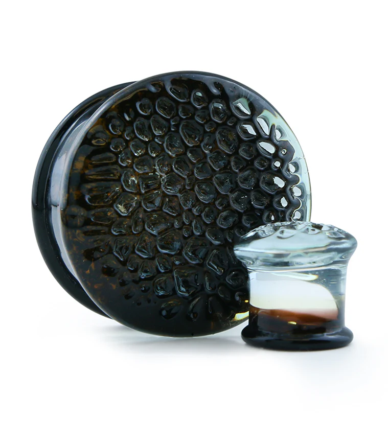 Amber Hammered Glass Double Flare Plugs - Mrs Treak