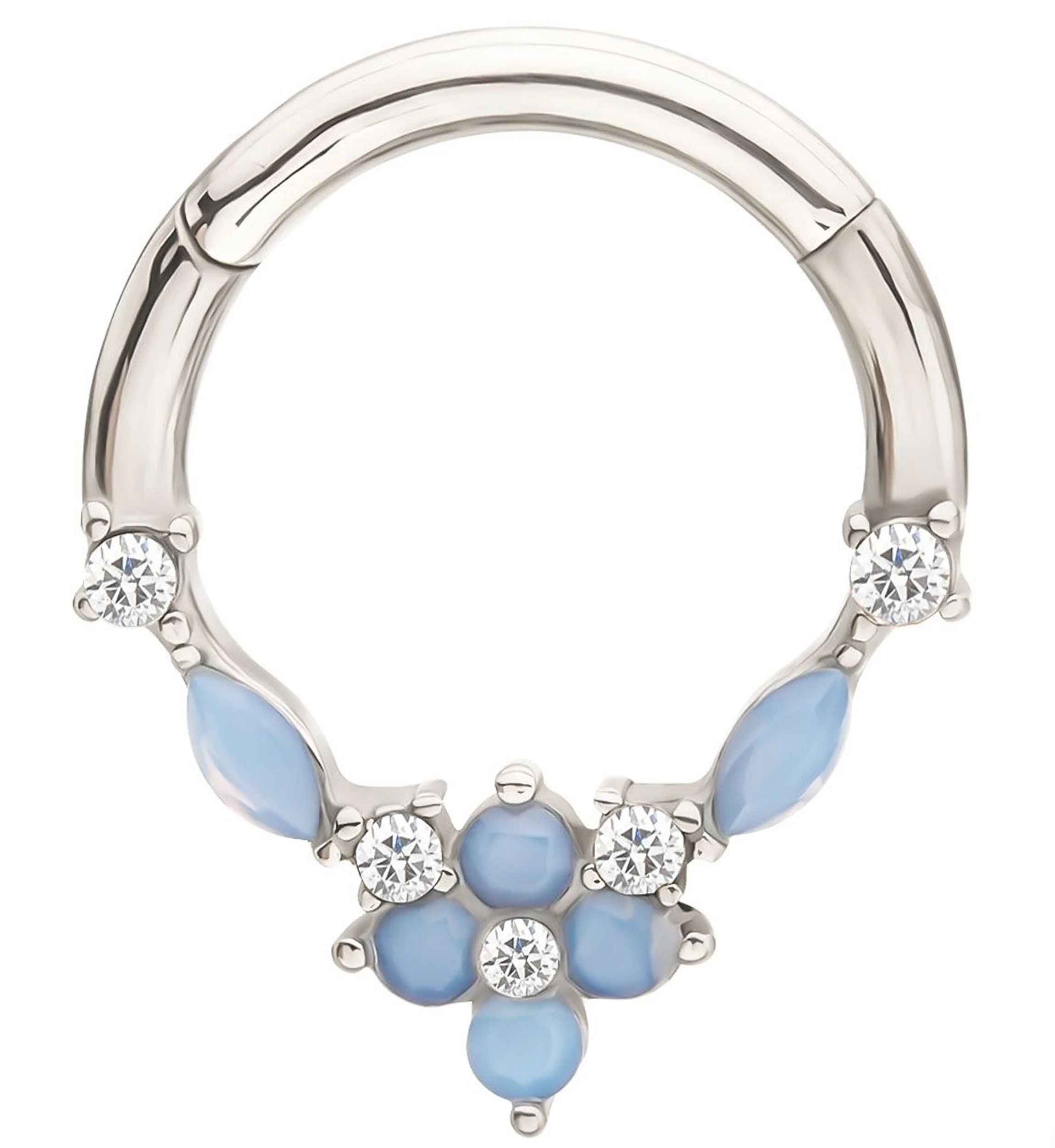 Marquise Flower Blue Opalite And Clear CZ Stainless Steel Hinged Segment Ring - Mrs Treak