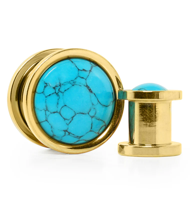 Gold PVD Howlite Turquoise Stone Stainless Steel Plugs - Mrs Treak