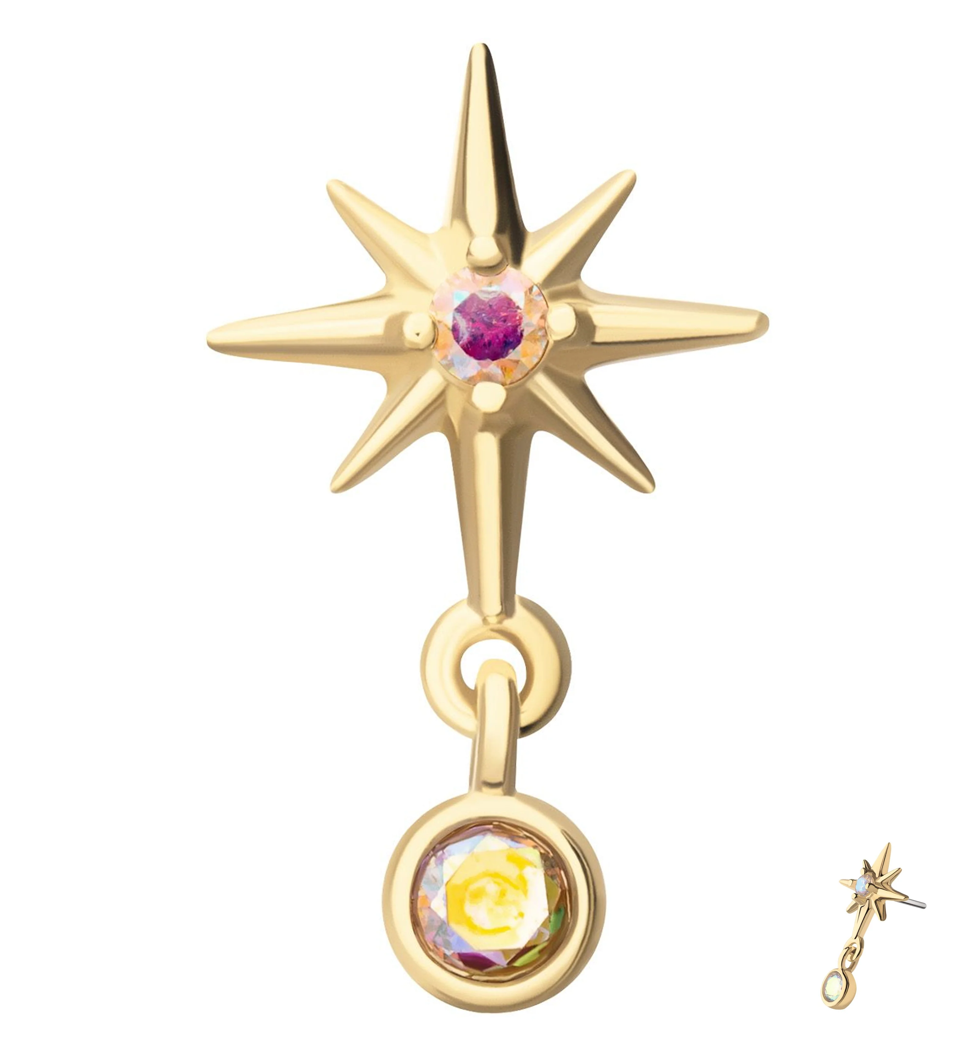 14kt Gold North Star Center Rainbow Aurora CZ Threadless Top - Mrs Treak