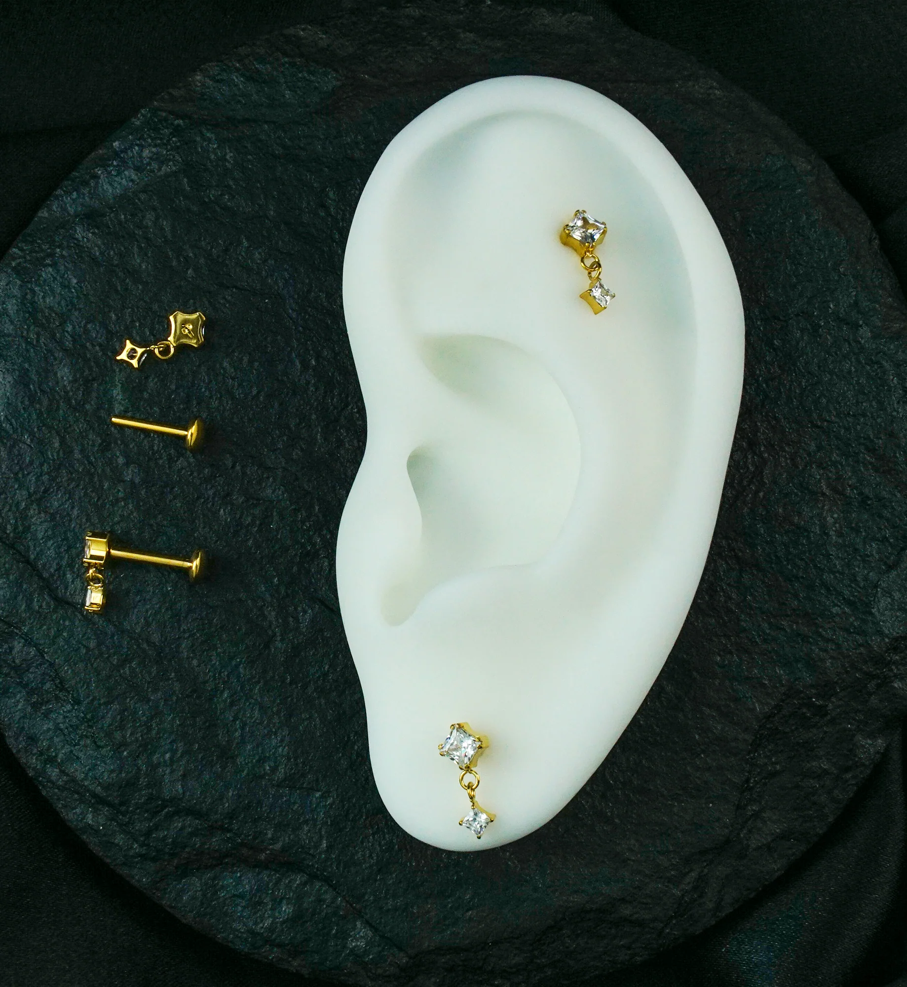 Gold PVD Prong Rhombus Clear CZ Dangle Titanium Convex Disk Labret - Mrs Treak