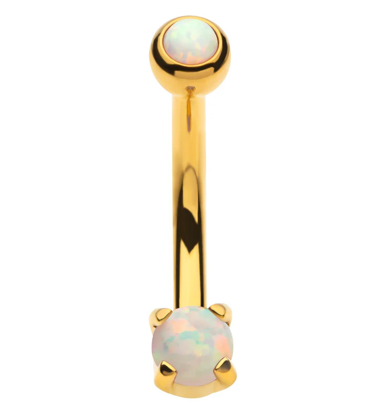 Gold PVD White Opalite Prong Set Stainless Steel Curved Barbell - Mrs Treak