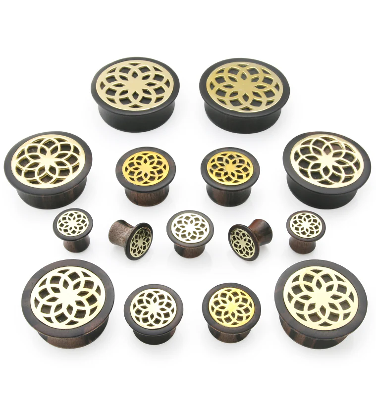 Seed of Life Brass Areng Wood Mayan Flare Plugs - Mrs Treak