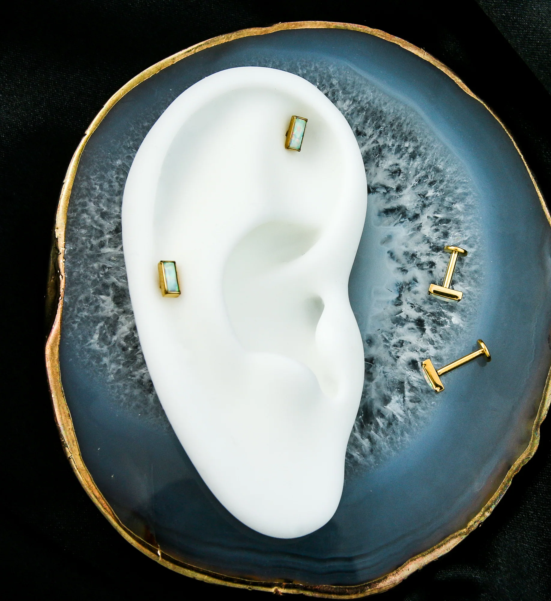 Gold PVD Rectangle White Opalite Internally Threaded Titanium Labret - Mrs Treak