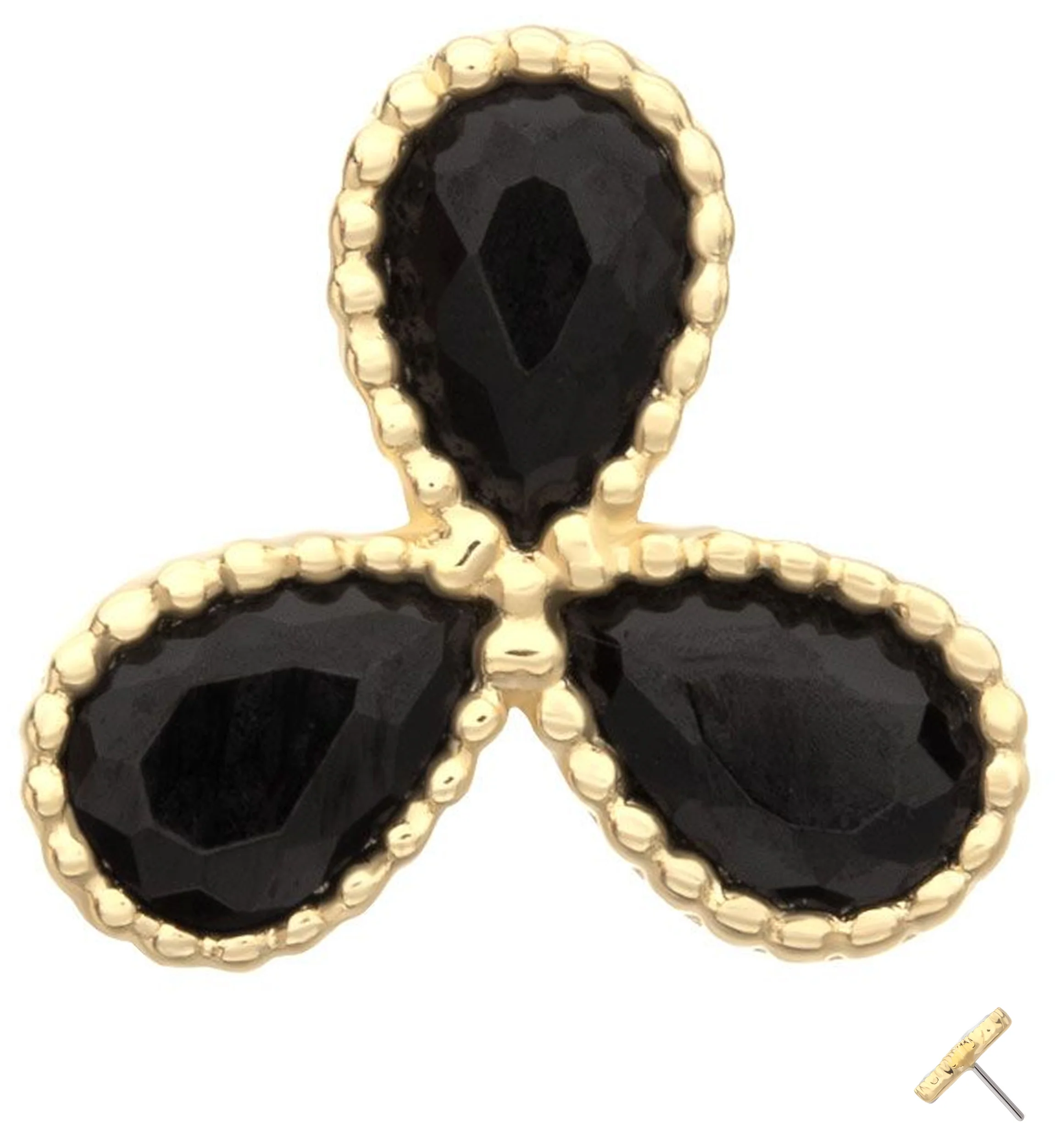 14kt Gold Triple Milgrain Teardrop Black CZ Threadless Top - Mrs Treak