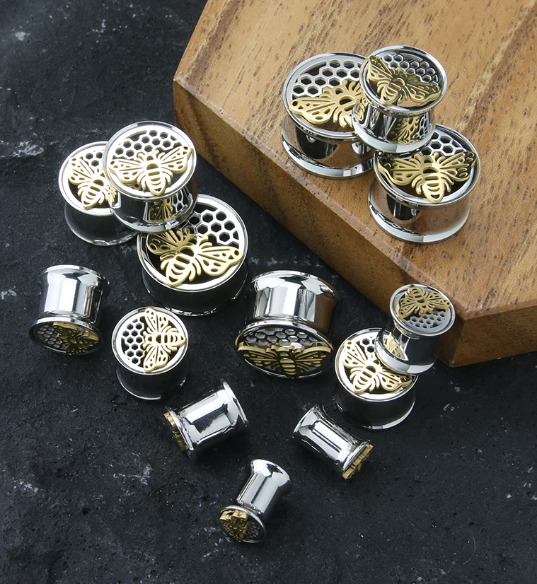 Honeycomb Bee Stainless Steel Double Flare Tunnel Plugs - Mrs Treak