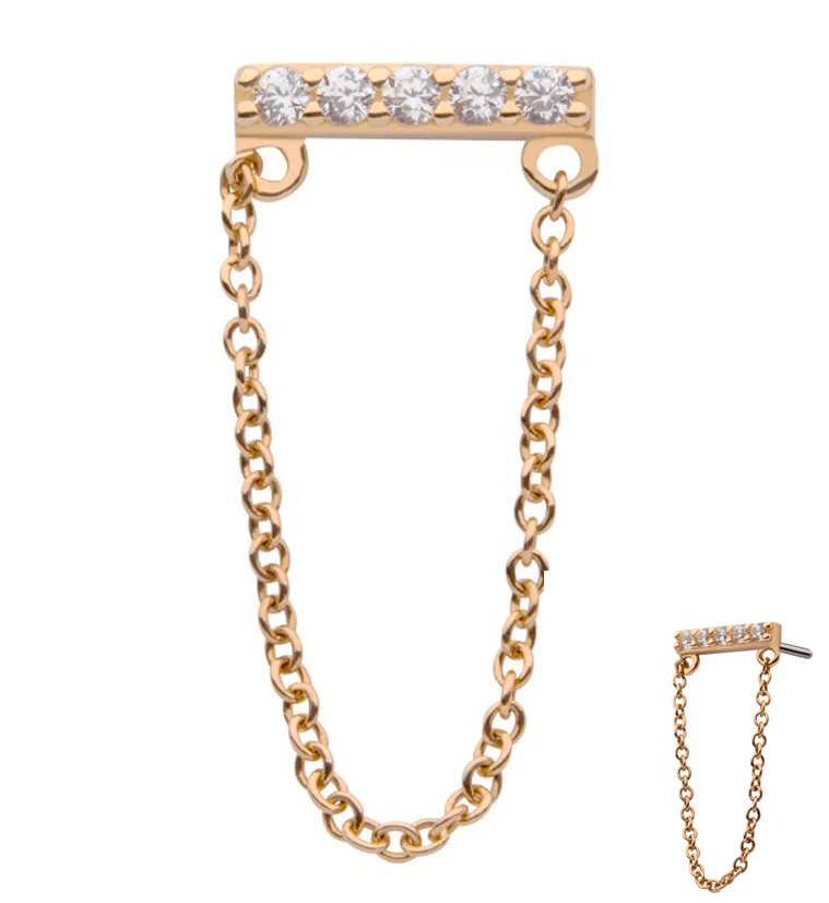 14kt Gold Bar CZ Dangle Chain Threadless Top - Mrs Treak