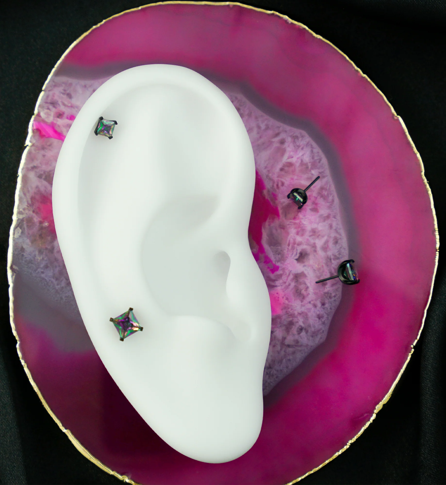 Black PVD Rhombus Black Aurora CZ Threadless Titanium Top - Mrs Treak