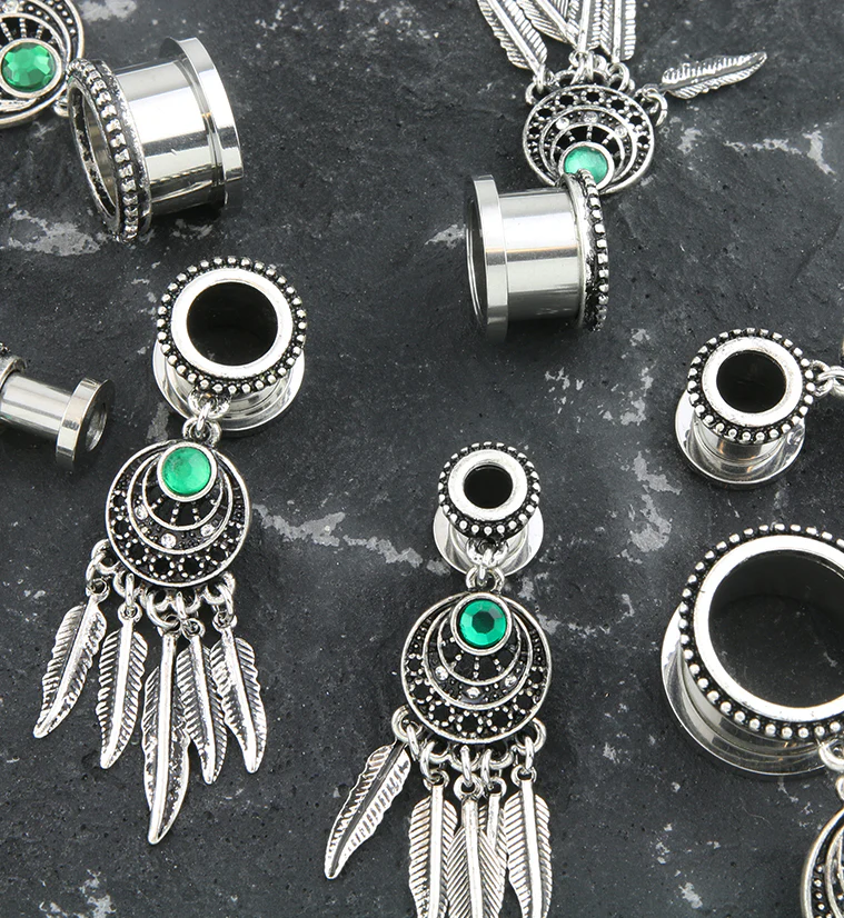 Dream Catcher Green CZ Stainless Steel Tunnel Plugs - Mrs Treak