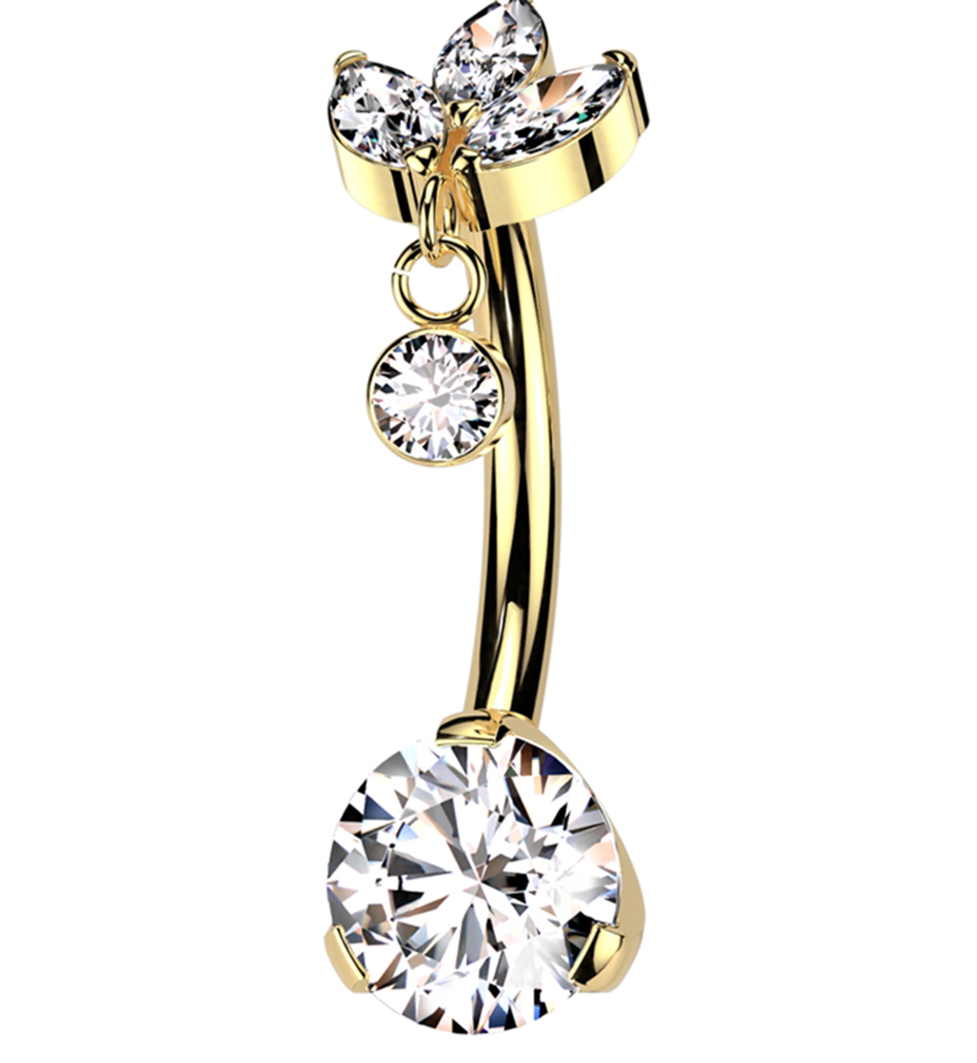 Gold PVD Triple Marquise Dangle Clear CZ Titanium Threadless Belly Button Ring - Mrs Treak
