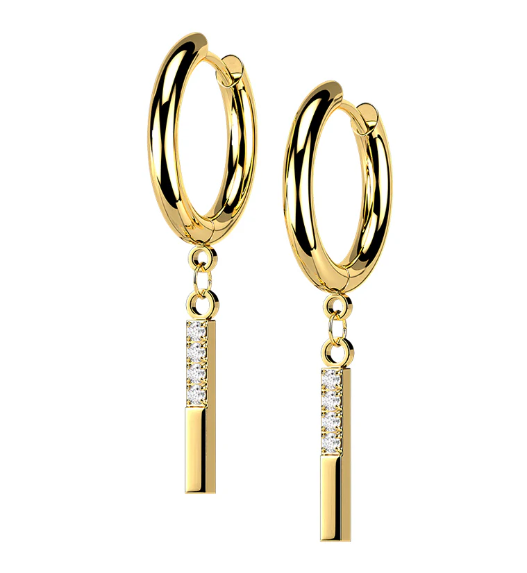 Gold PVD Dangle Bar CZ Stainless Steel Hinged Earrings - Mrs Treak