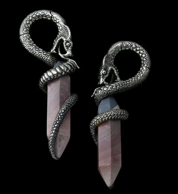 Polychrome Jasper Stone Cobra White Brass Hinged Ear Weights - Mrs Treak