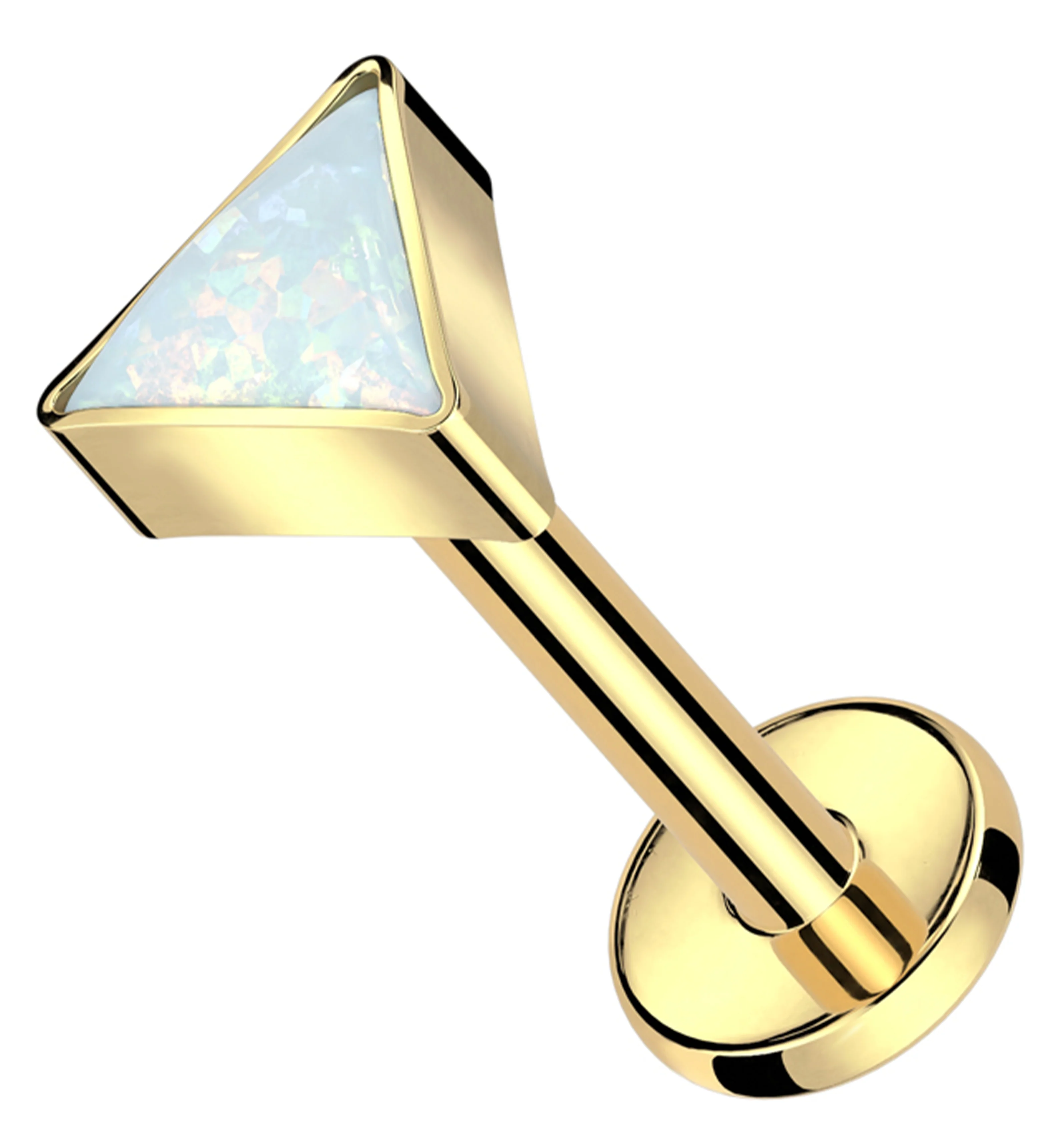 Gold PVD Triangle White Opalite Internally Threaded Titanium Labret - Mrs Treak