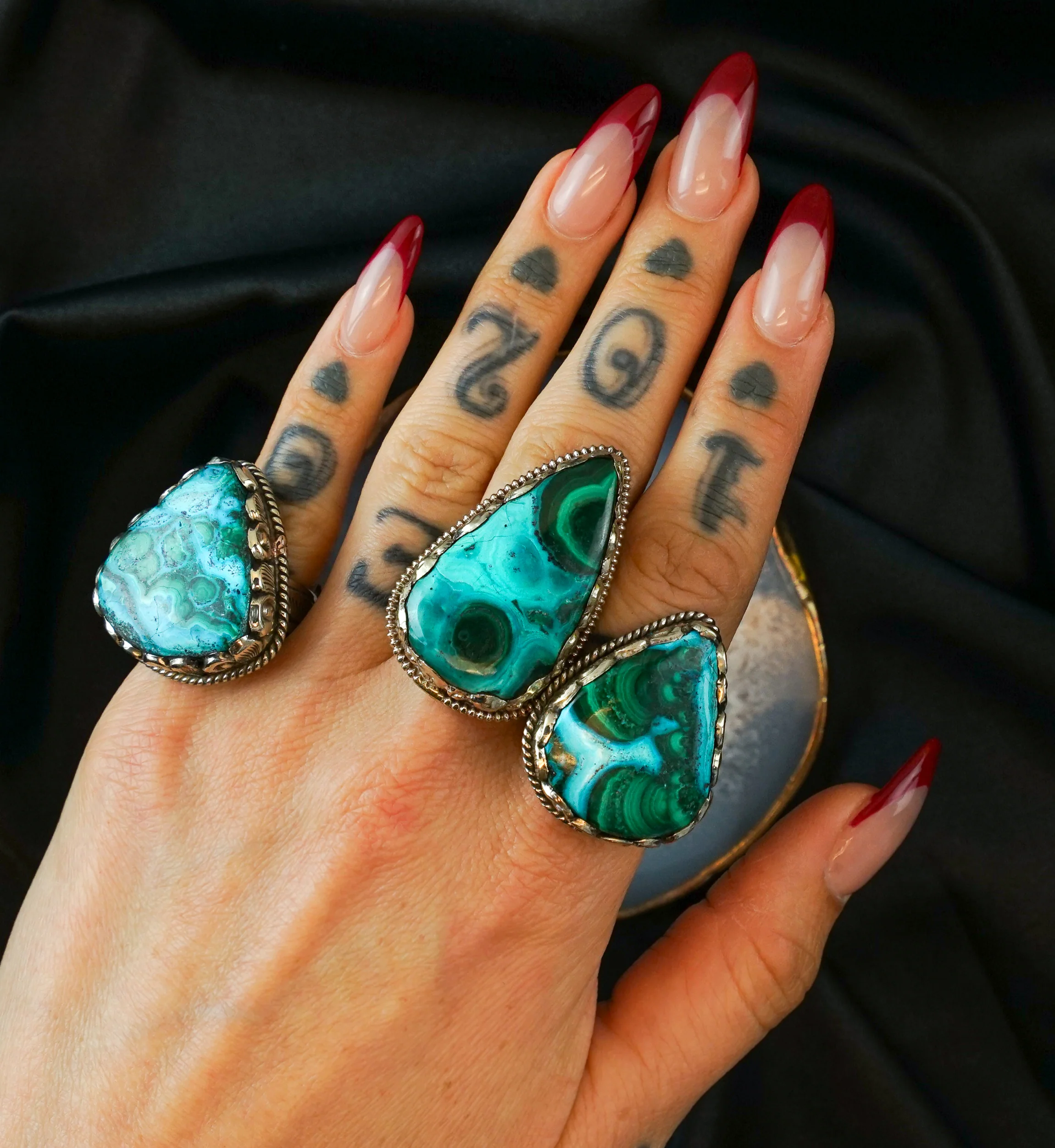 Ornate Chrysocolla Stone White Brass Ring - Mrs Treak