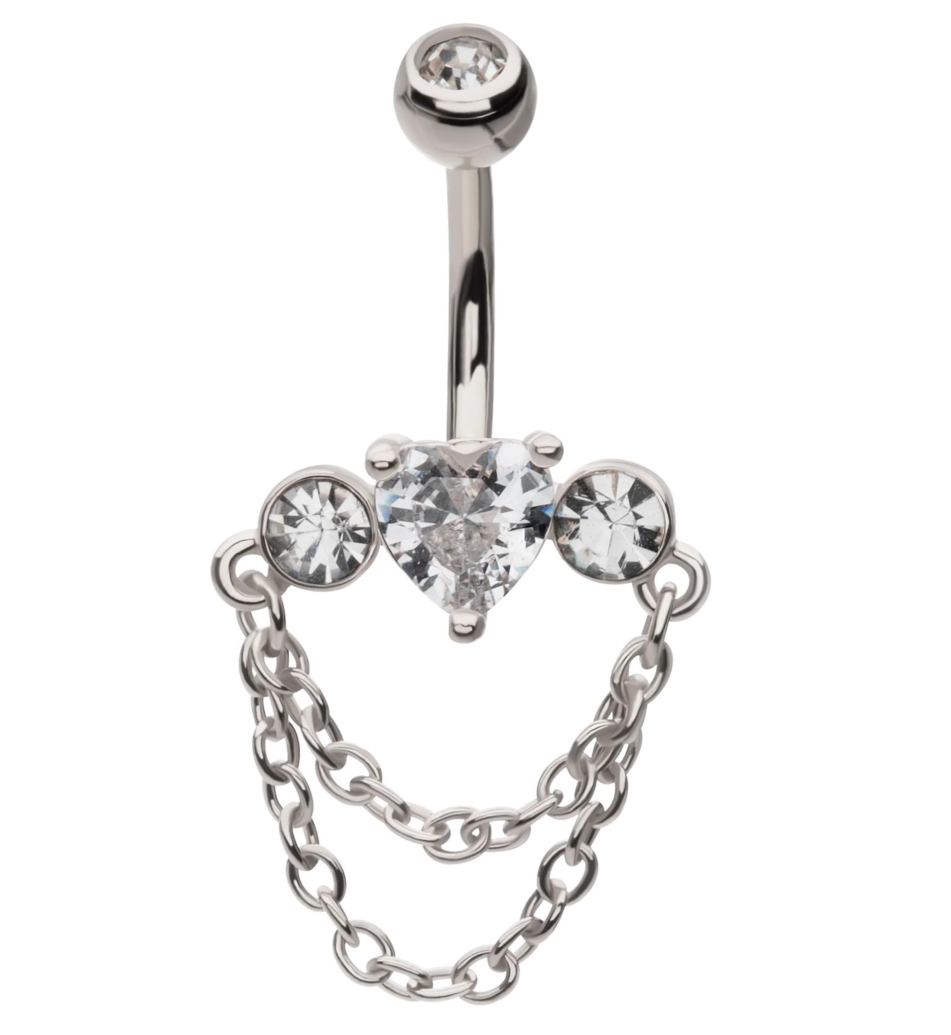 Heart Center Clear CZ Double Dangle Chain Stainless Steel Belly Button Ring - Mrs Treak