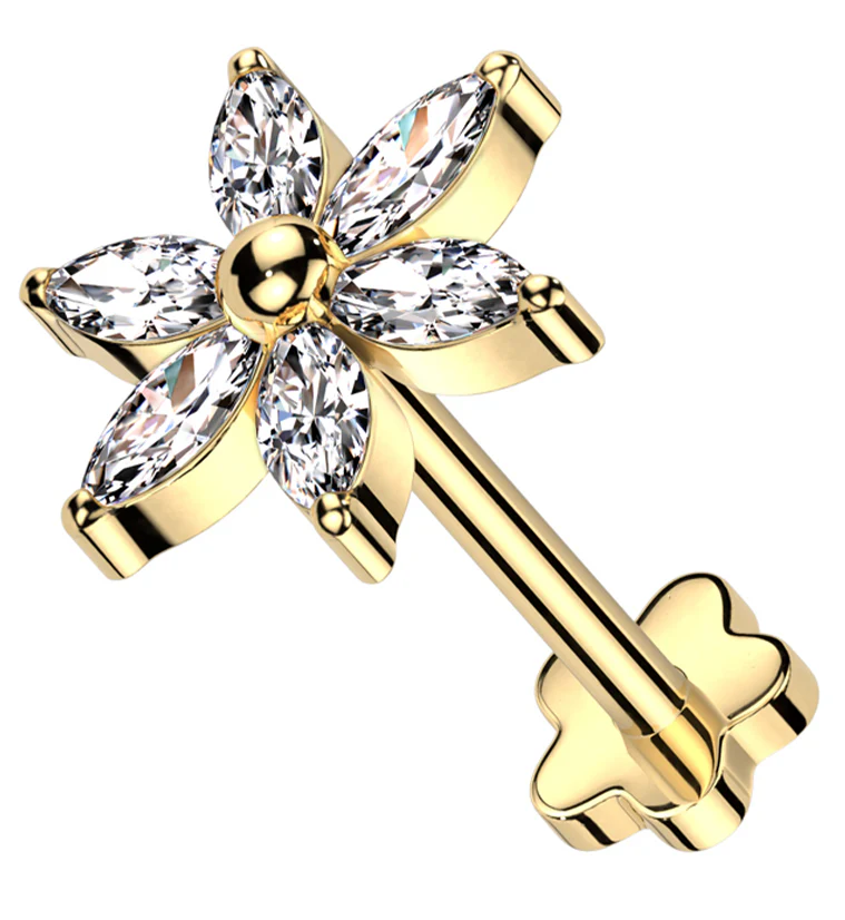 Gold PVD Senary Flower Clear CZ Flower Back Threadless Titanium Labret - Mrs Treak