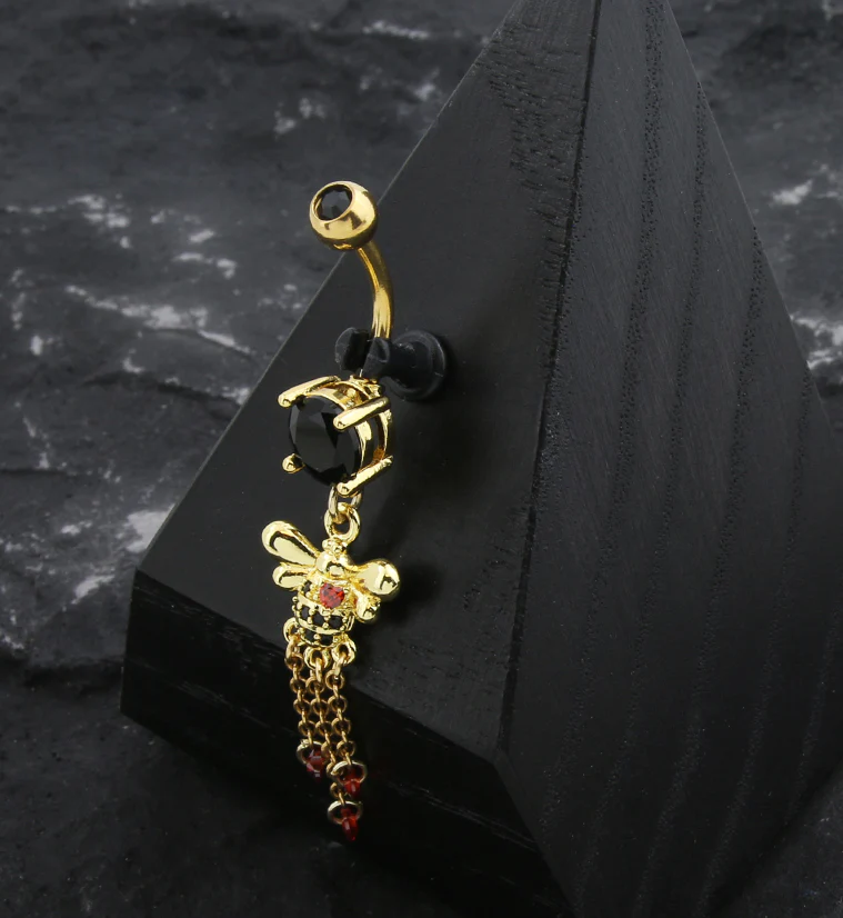 Gold PVD Bee Still My Heart Dangle Chain Stainless Steel Belly Button Ring - Mrs Treak