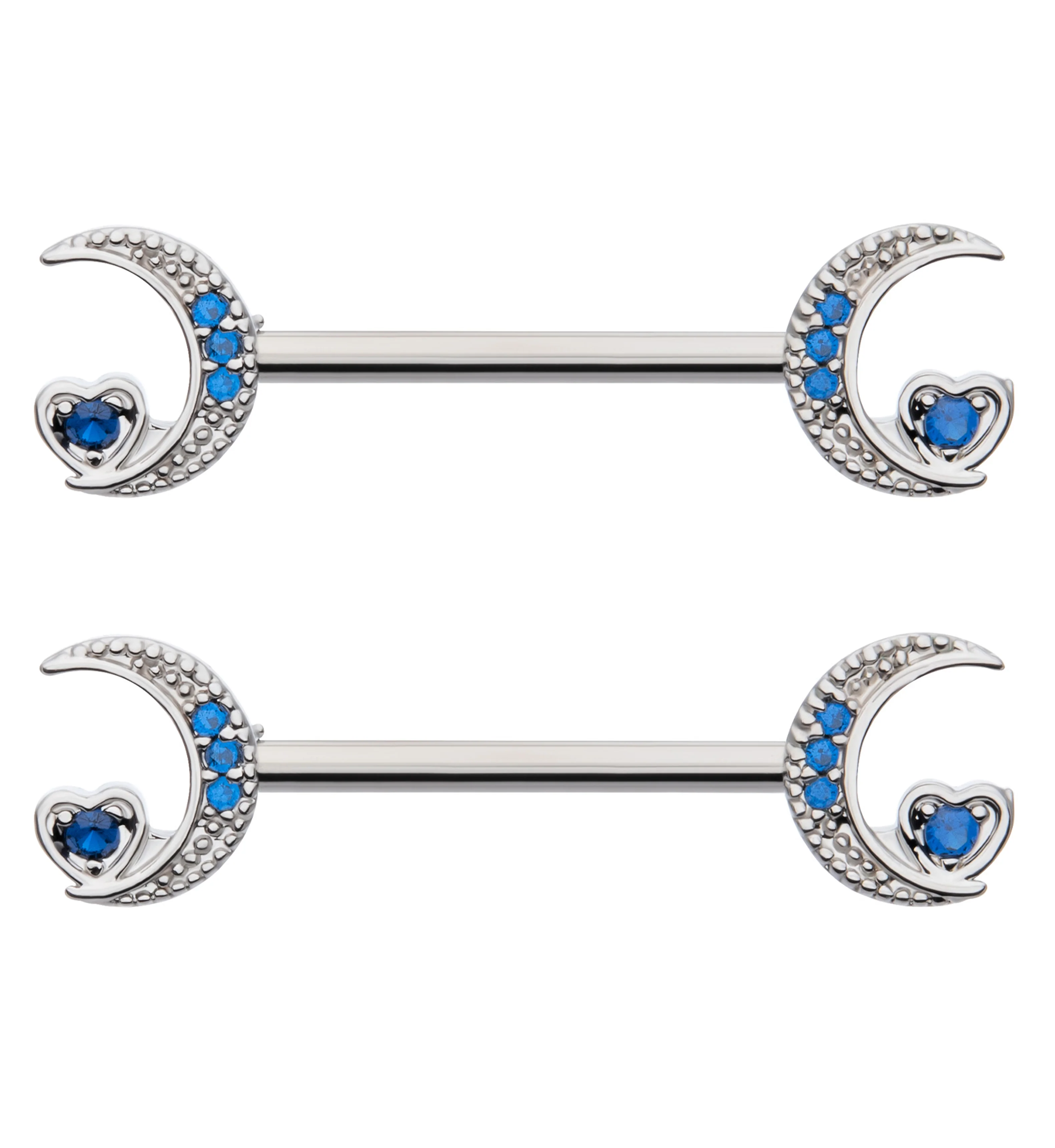 Crescent Moon Heart Blue CZ Stainless Steel Nipple Barbell - Mrs Treak