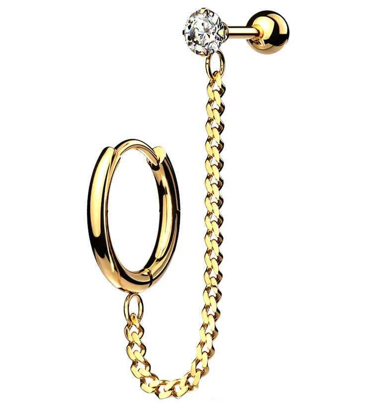 Gold PVD Linked Hinged Hoop Ring & CZ Cartilage Barbell - Mrs Treak