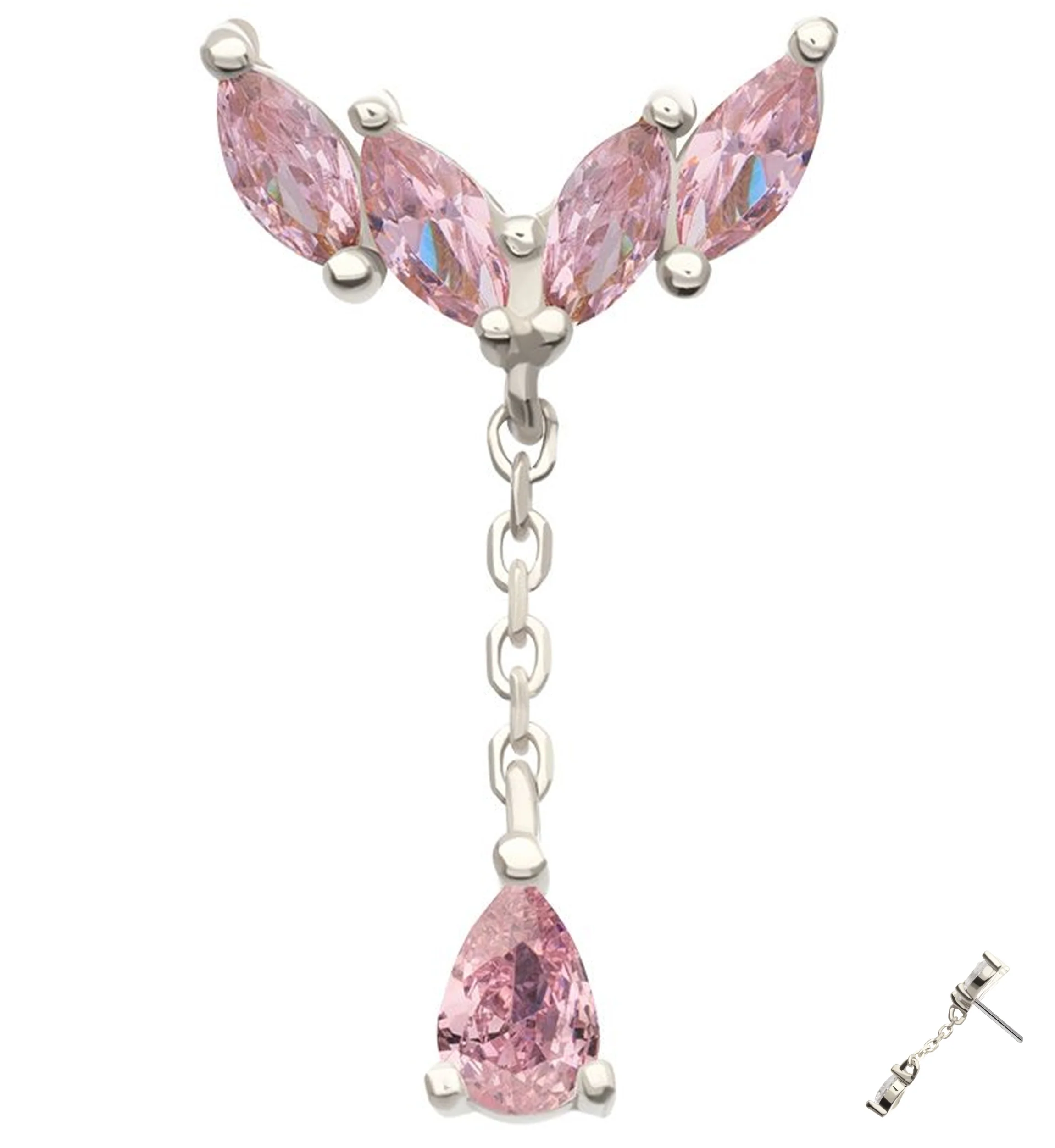14kt White Gold Arrow Marquise Pink CZ Dangle Threadless Top - Mrs Treak