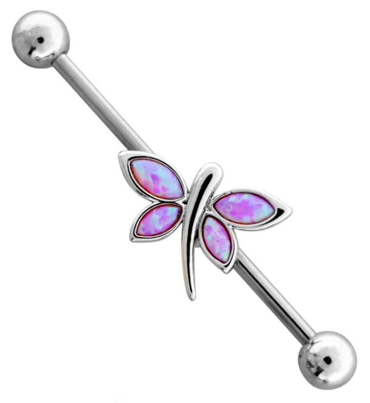 Dragonfly Pink Opalite Stainless Steel Industrial Barbell - Mrs Treak