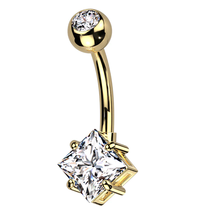 Gold PVD Rhombus Prong Clear CZ Titanium Belly Button Ring - Mrs Treak