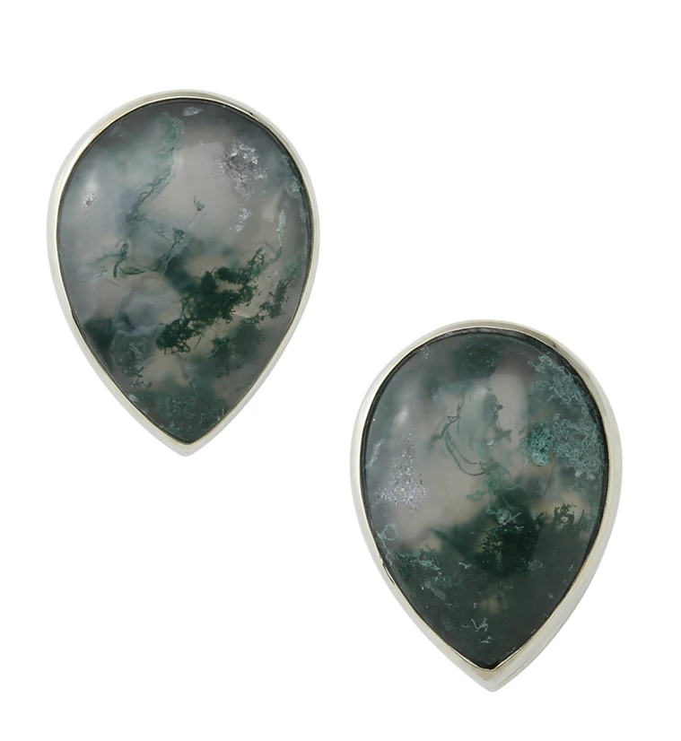 Peak Green Moss Agate Stone White Brass Ear Weights - Mrs Treak