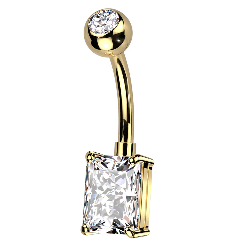 Gold PVD Oblong Prong Clear CZ Titanium Belly Button Ring - Mrs Treak