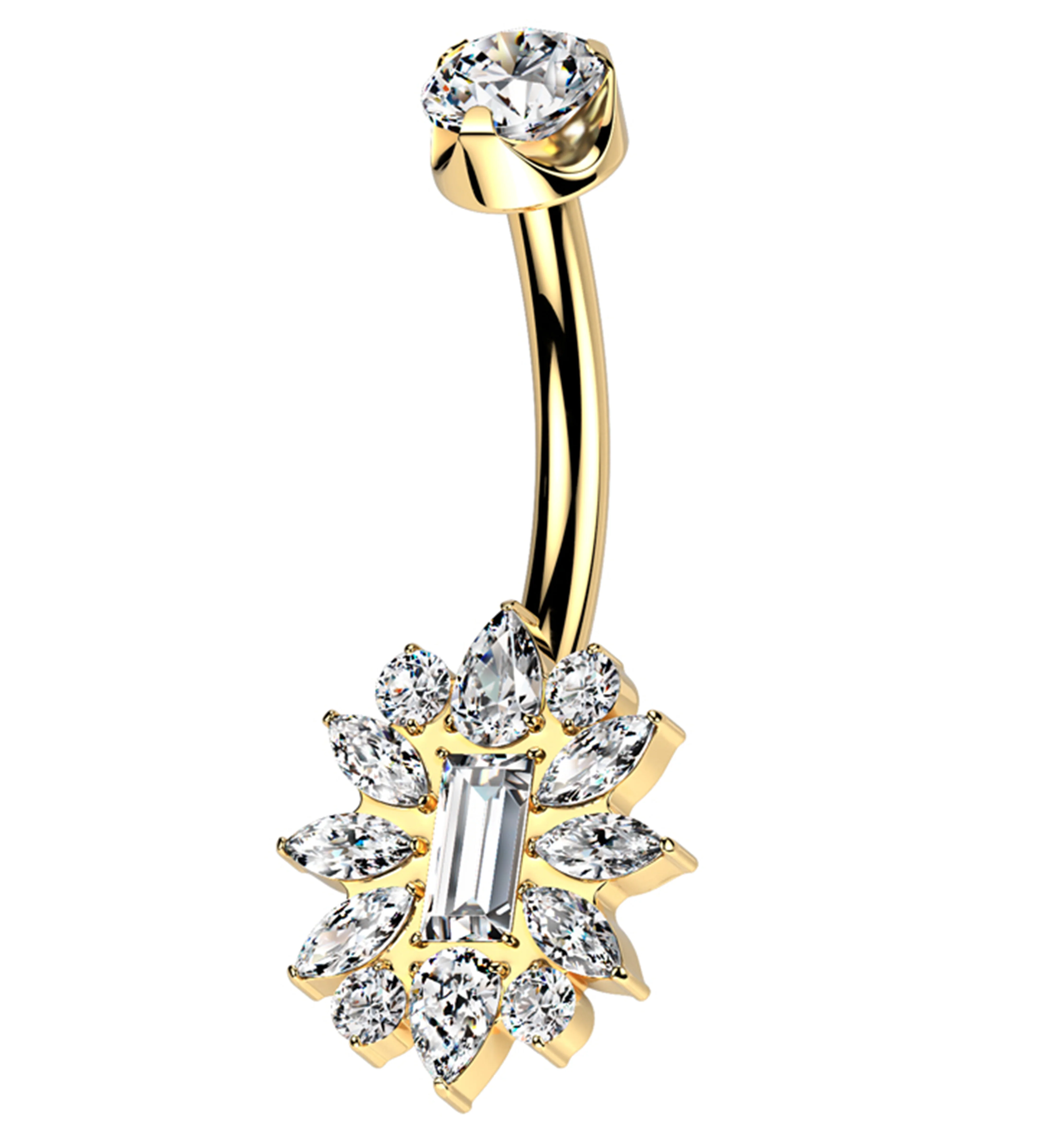 Gold PVD Square Cluster Flower Clear CZ Titanium Internally Threaded Belly Button Ring - Mrs Treak
