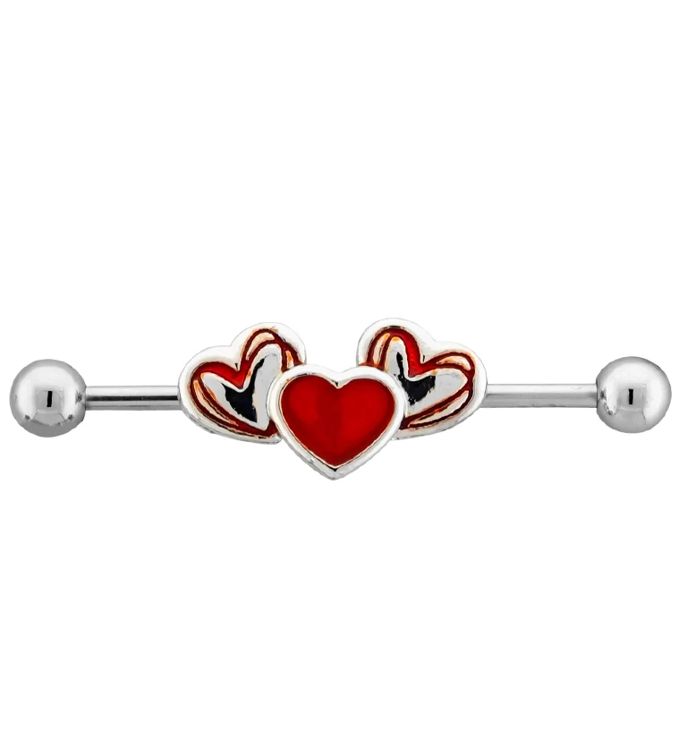 Triple Red Heart CZ Industrial Barbell - Mrs Treak