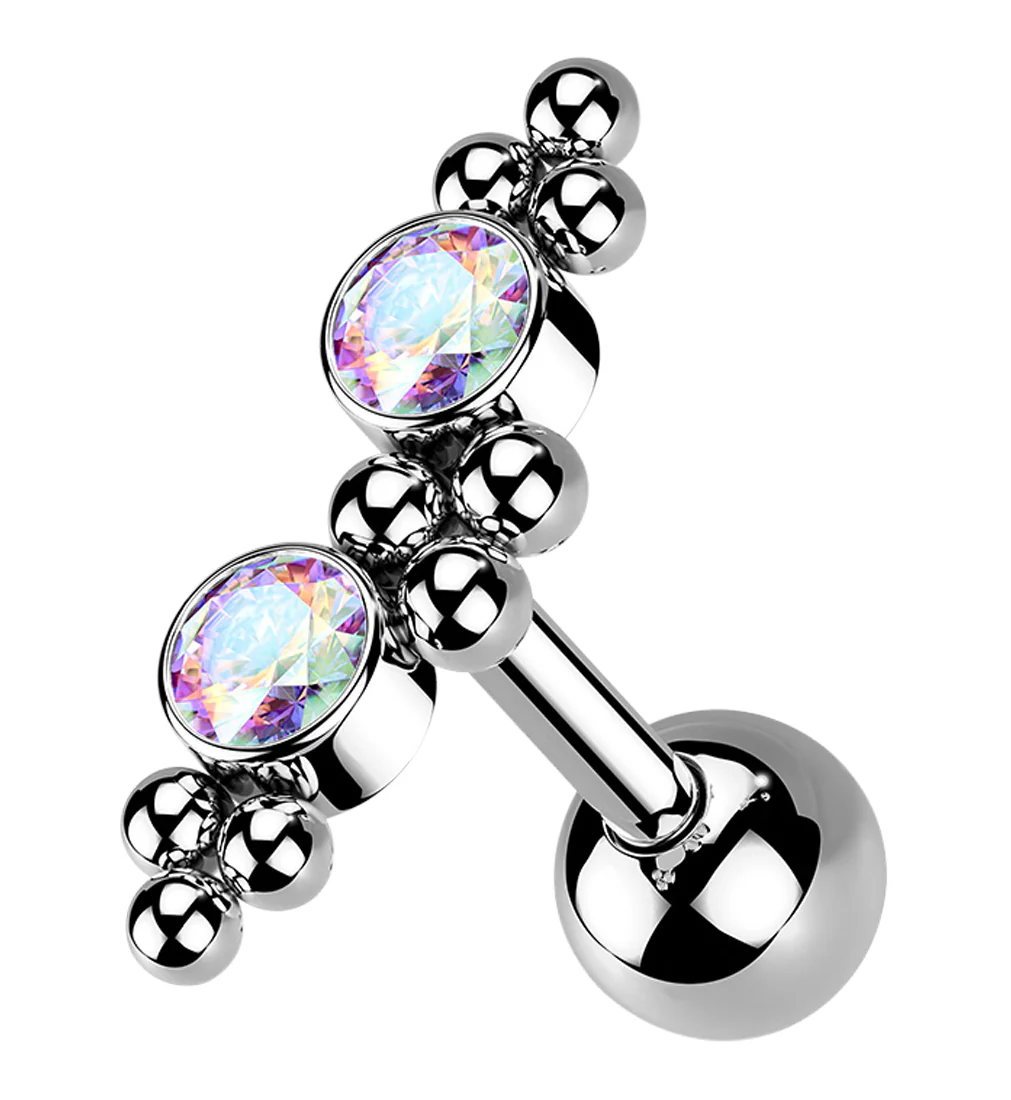 Rainbow Aurora Double CZ Gem Cluster Bead Cartilage Barbell - Mrs Treak