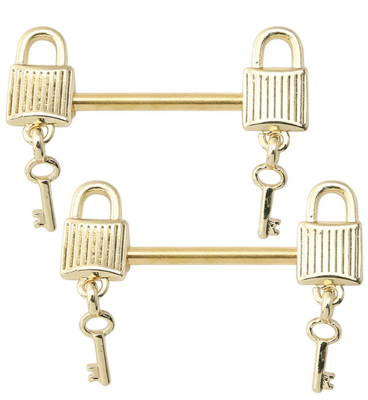 Gold PVD Dangling Key Lock Stainless Steel Nipple Barbell - Mrs Treak