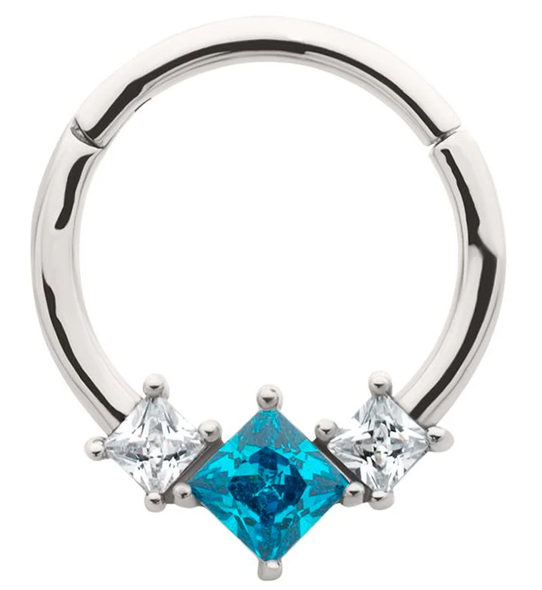 Triple Square Aqua And Clear CZ Stainless Steel Hinged Segment Ring - Mrs Treak