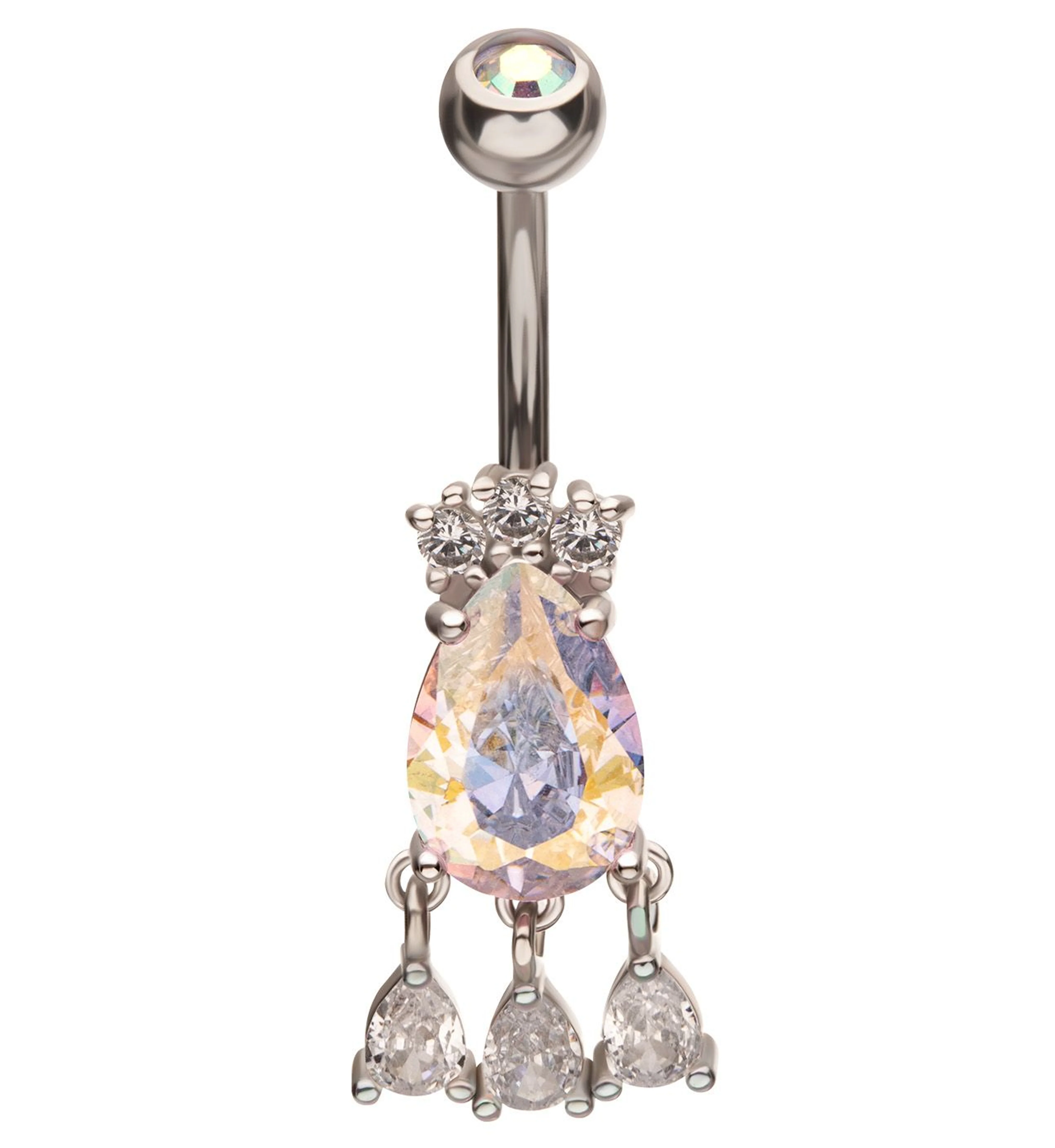 Triple Dangle Teardrop Rainbow Aurora And Clear CZ Stainless Steel Belly Button Ring - Mrs Treak