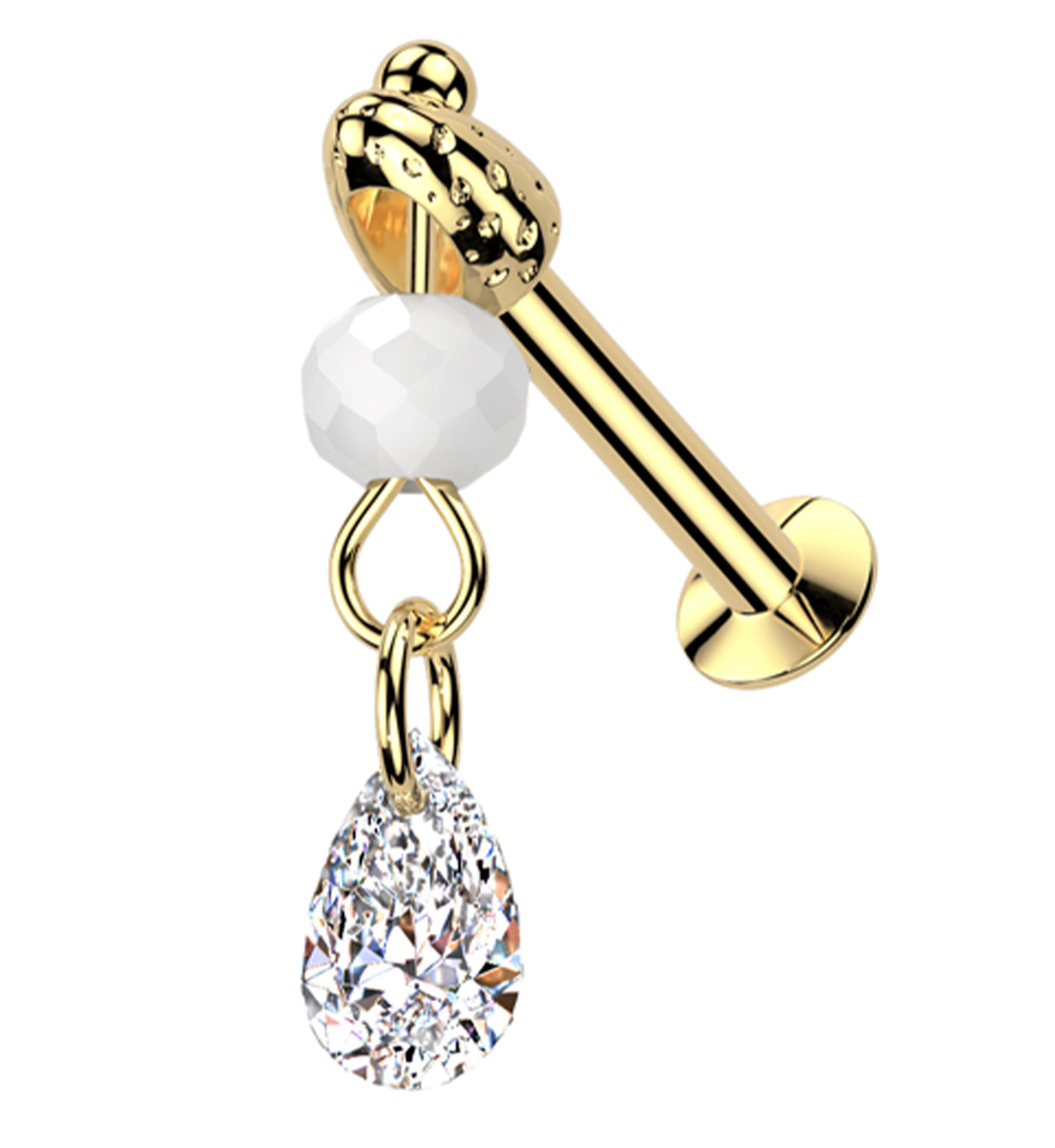 Gold PVD Faceted Bead Teardrop CZ Dangle Stainless Steel Convex Disc Threadless Labret - Mrs Treak