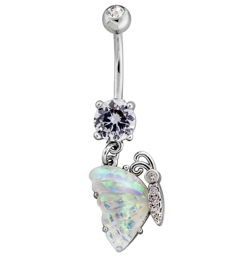 Iridescent Butterfly Wing Clear CZ Stainless Steel Belly Button Ring - Mrs Treak