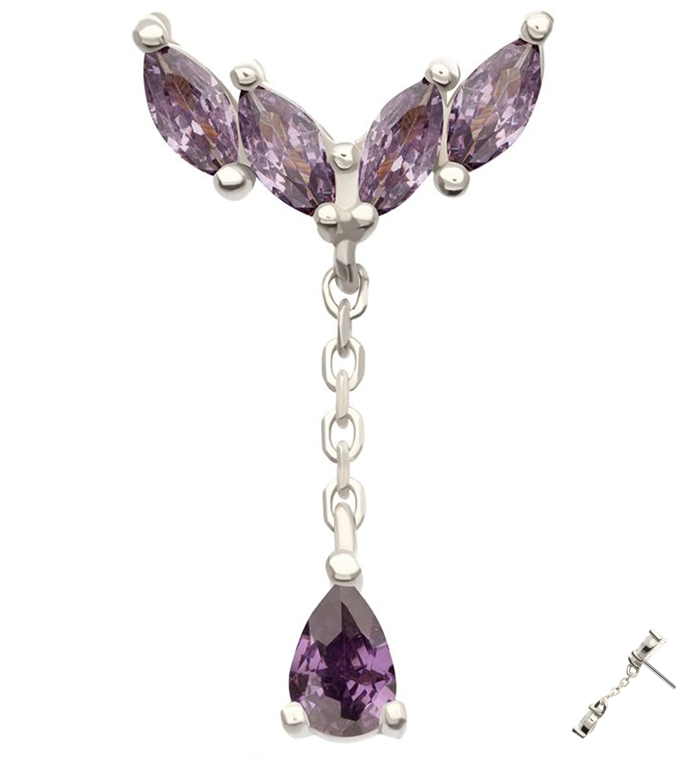 14kt White Gold Arrow Marquise Amethyst CZ Dangle Threadless Top - Mrs Treak