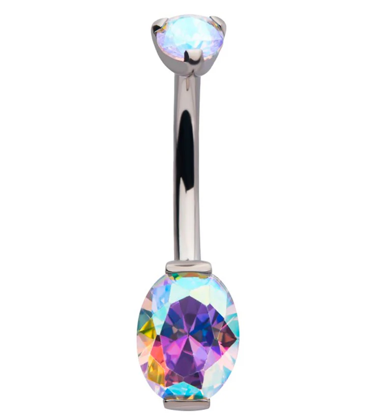 Rainbow Aurora Oval CZ Titanium Belly Button Ring - Mrs Treak