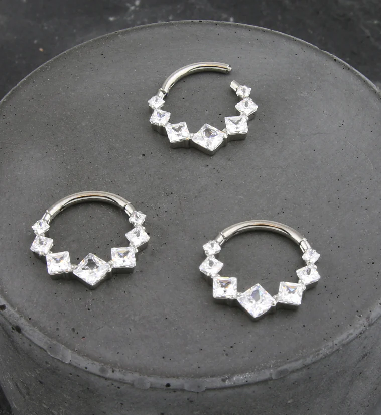 Rhombus Row Clear CZ Titanium Hinged Segment Ring - Mrs Treak