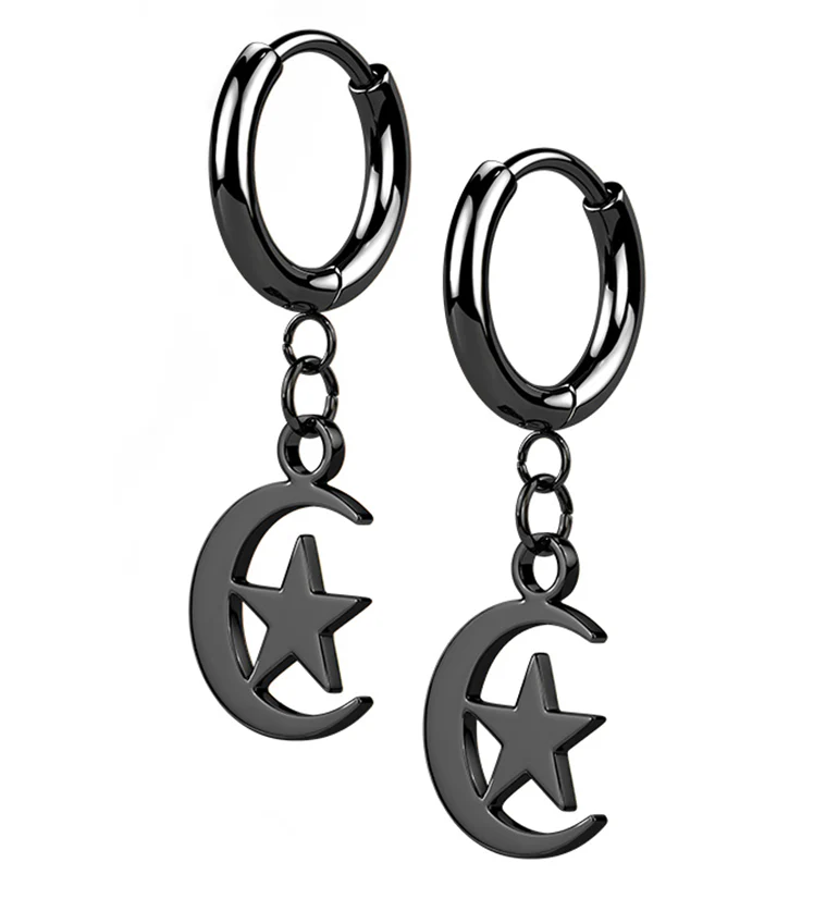 Black PVD Crescent Star Stainless Steel Hinged Earrings - Mrs Treak