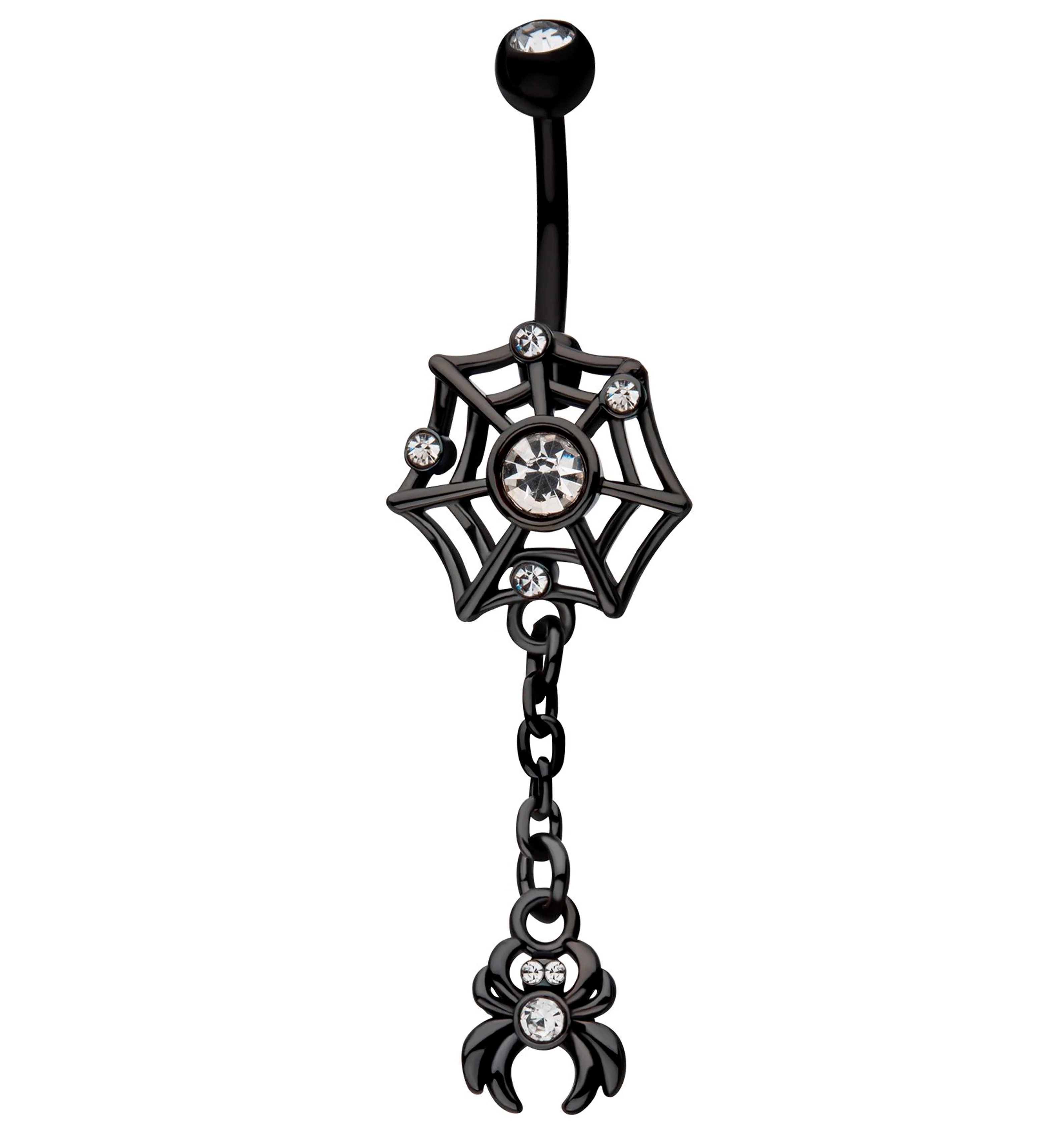 Black PVD Spiderweb Dangle Spider Clear CZ Stainless Steel Belly Button Ring - Mrs Treak