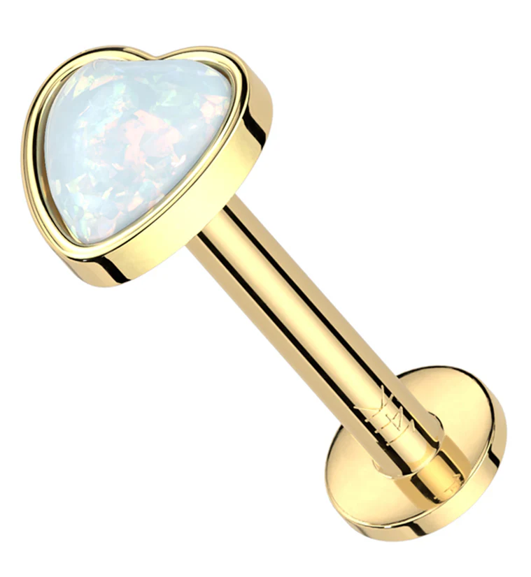 14kt Gold Heart White Opalite Threadless Labret - Mrs Treak