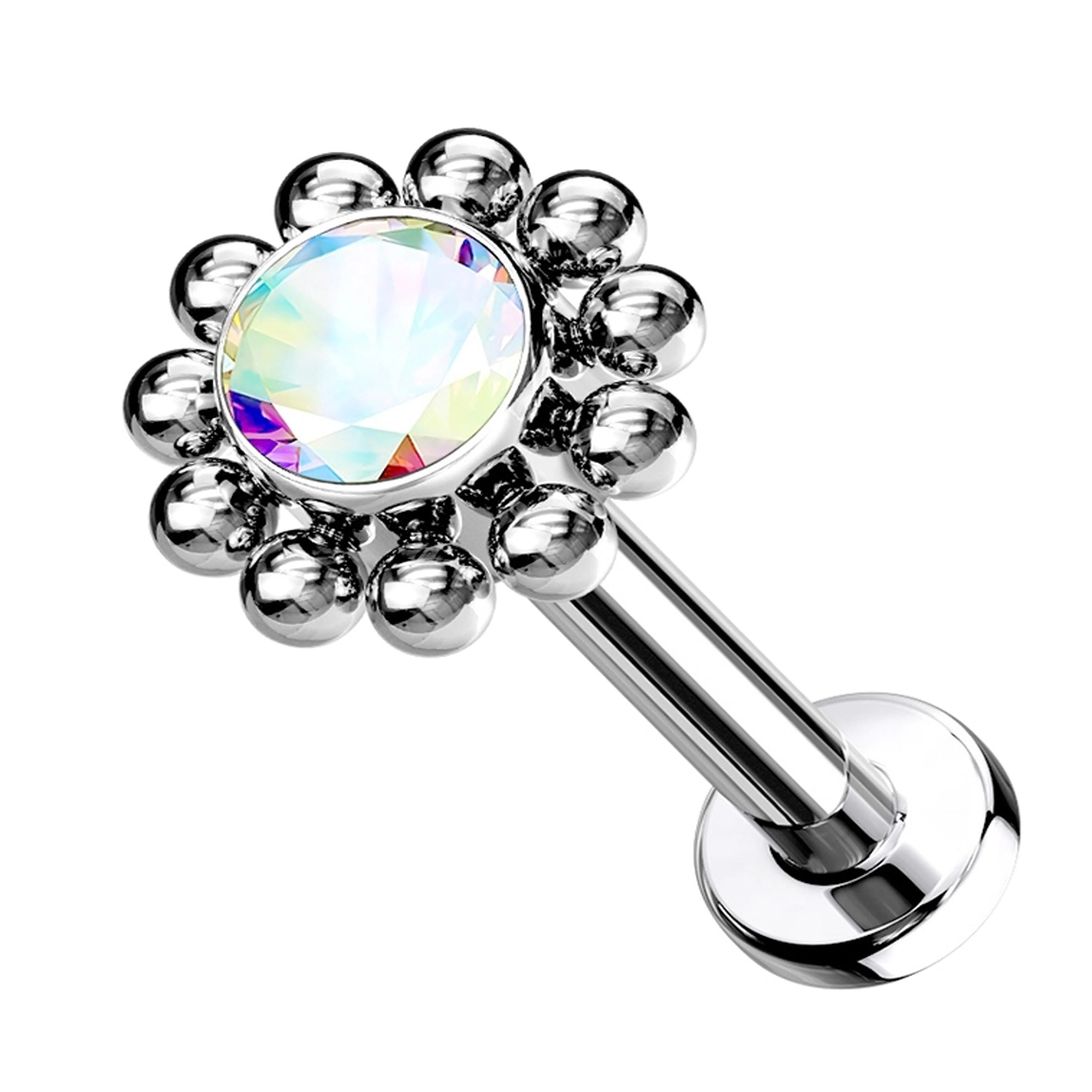 Beaded Verge Rainbow Aurora CZ Titanium Threadless Labret - Mrs Treak