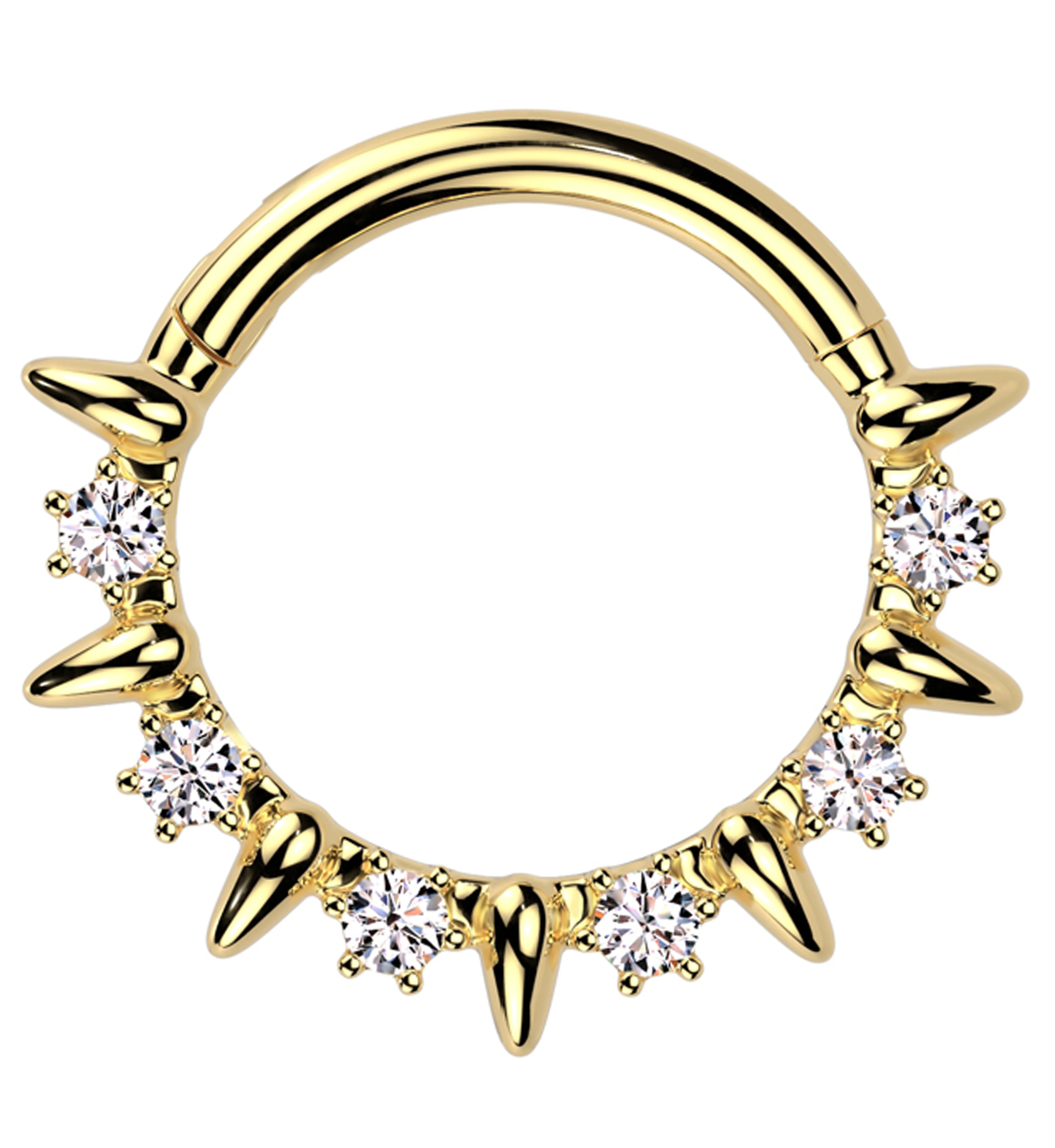 Gold PVD Alternate Spikes Clear CZ Stainless Steel Hinged Segment Ring - Mrs Treak