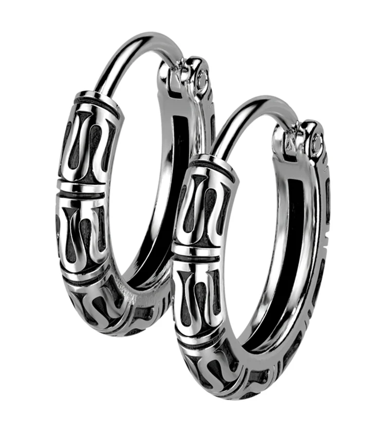 Tribal Stainless Steel Hinged Hoop Earrings - Mrs Treak