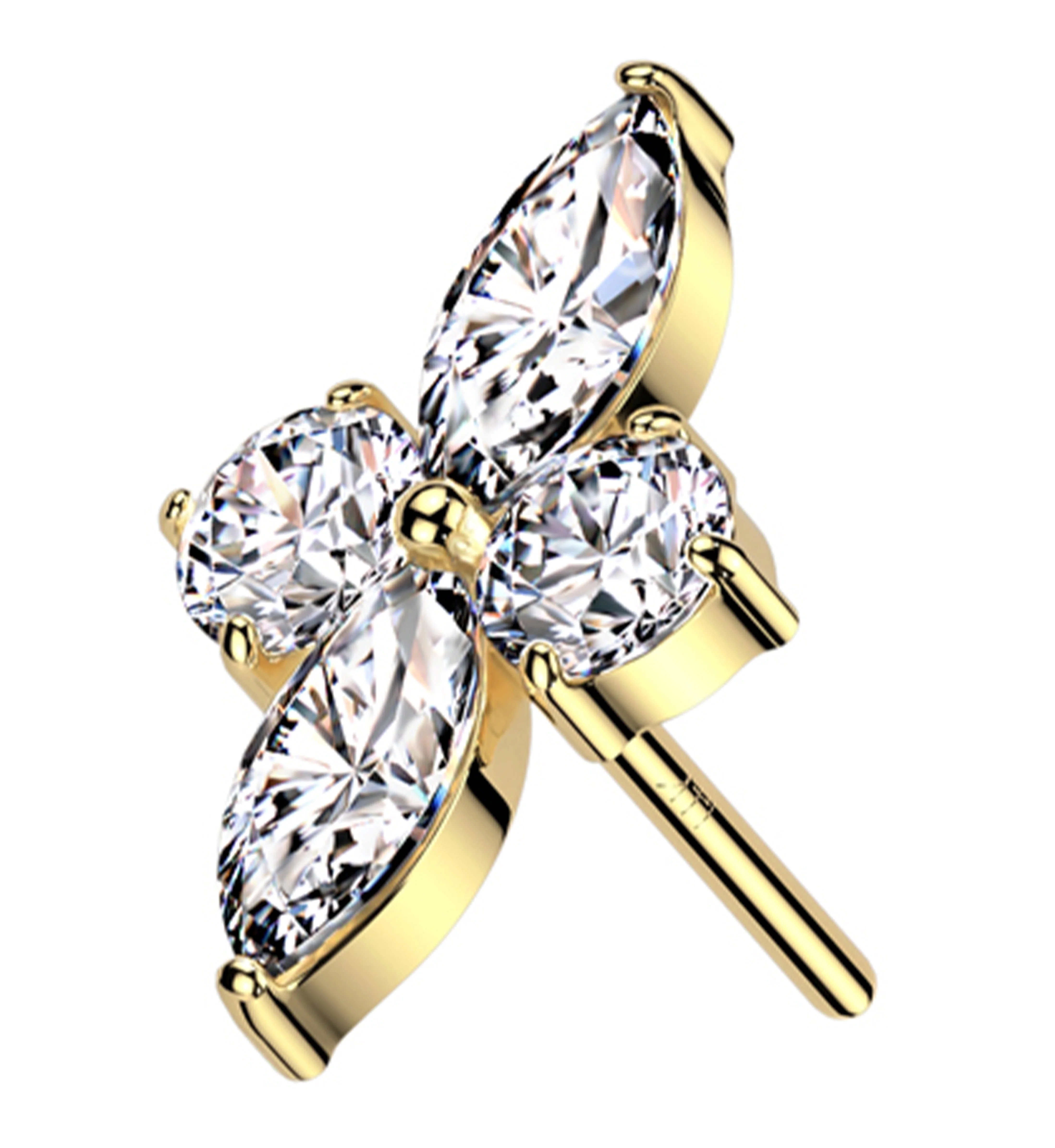 14kt Gold Quartet Rhombus Clear CZ Threadless Top - Mrs Treak