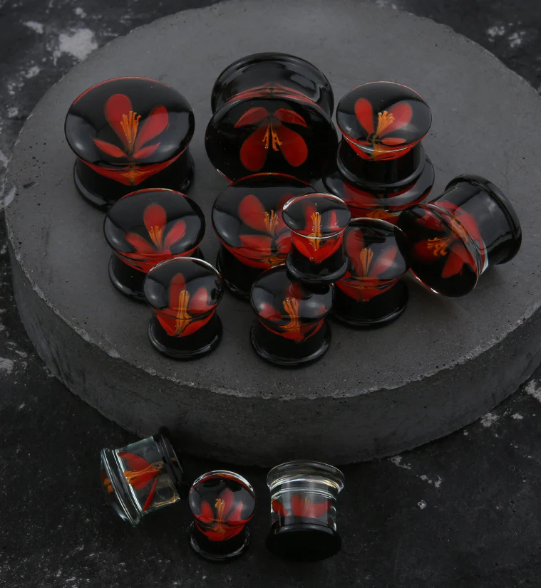 Red Poppy Flower Black Glass Double Flare Plugs - Mrs Treak