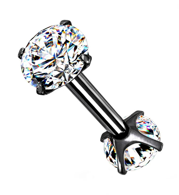 Black PVD Double Round CZ Prong Set Stainless Steel Barbell - Mrs Treak